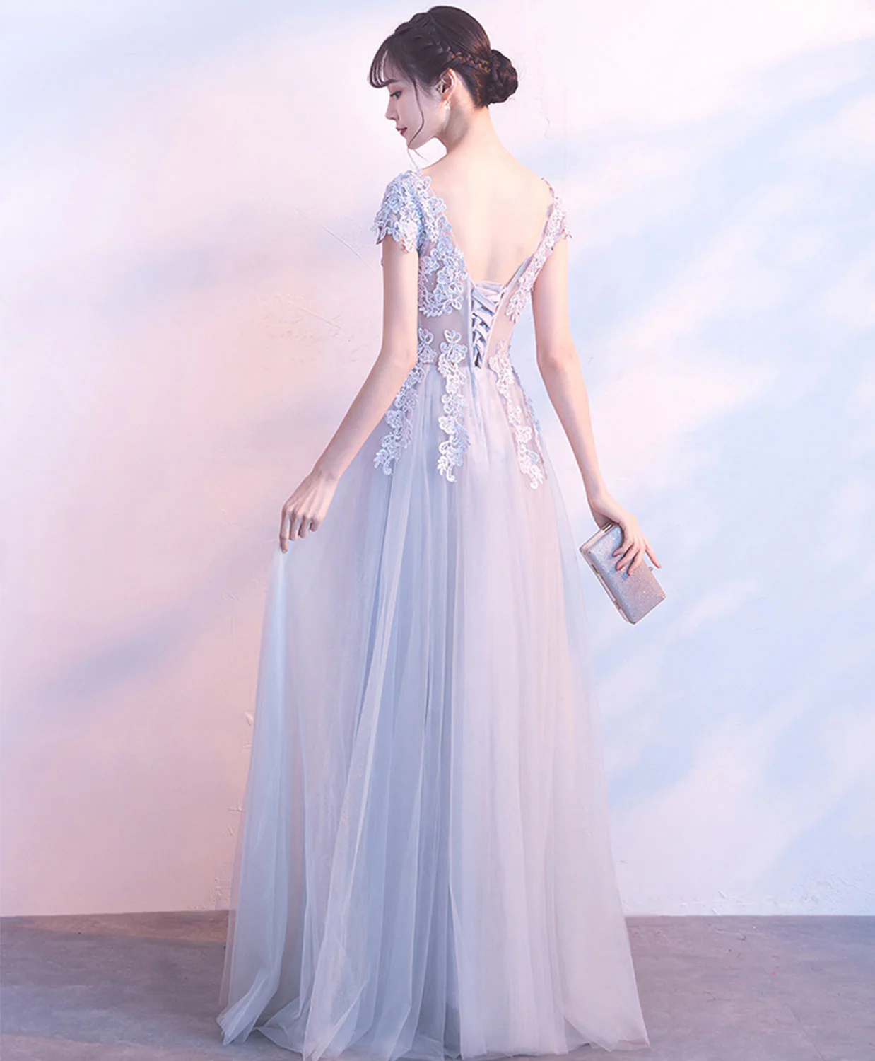 Gray V Neck Tulle Lace Long Prom Dress, Gray Evening Dress - Deanwangkt