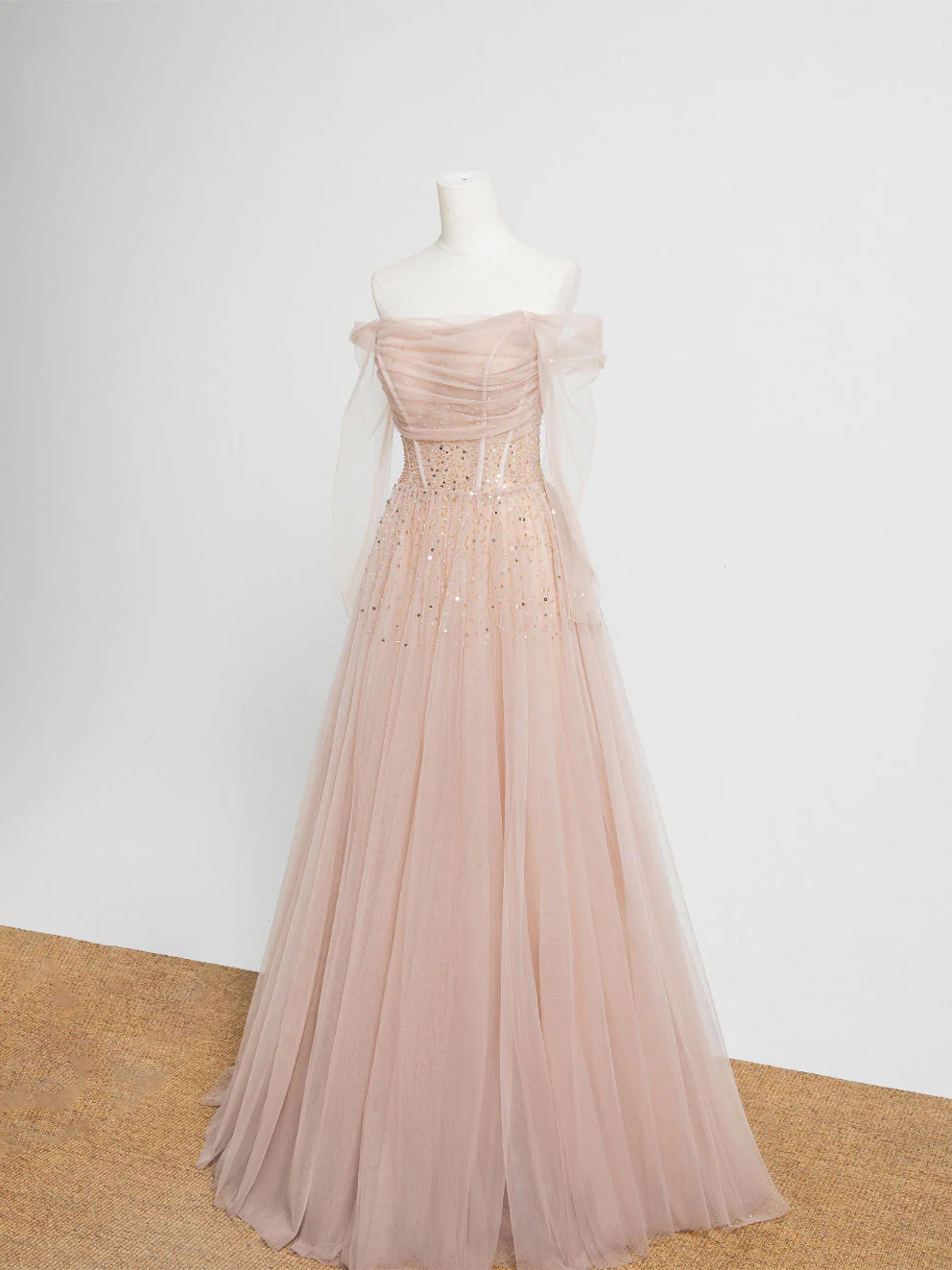 Champagne Pink Tulle Beads Long Prom Dress Champagne Evening Dress - Deanwangkt