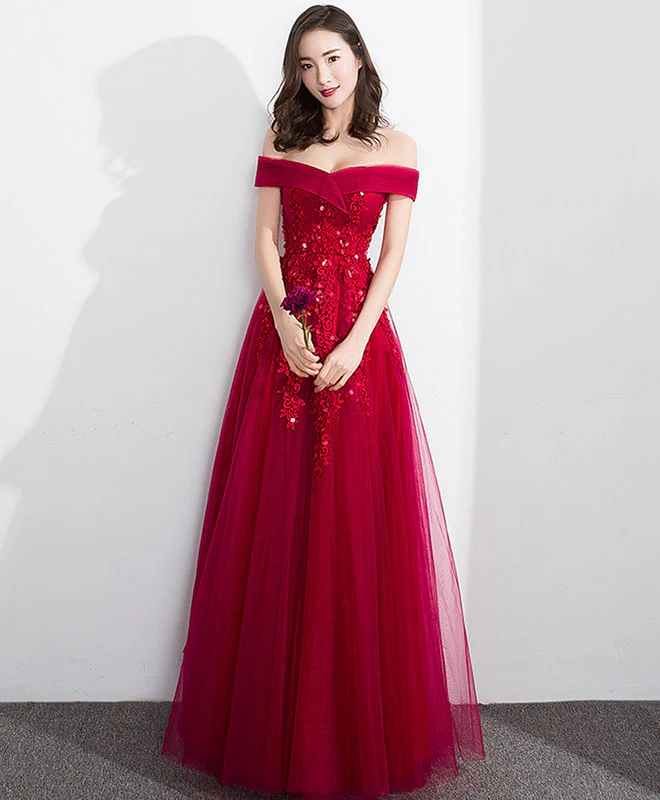 Burgundy Off Shoulder Tulle Lace Long Prom Dress, Evening Dress - Deanwangkt