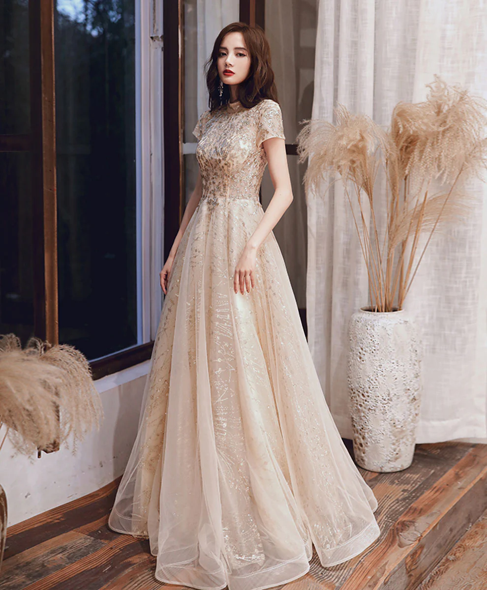 Champagne High Neck Tulle Sequin Long Prom Dress Formal  Dress - Deanwangkt