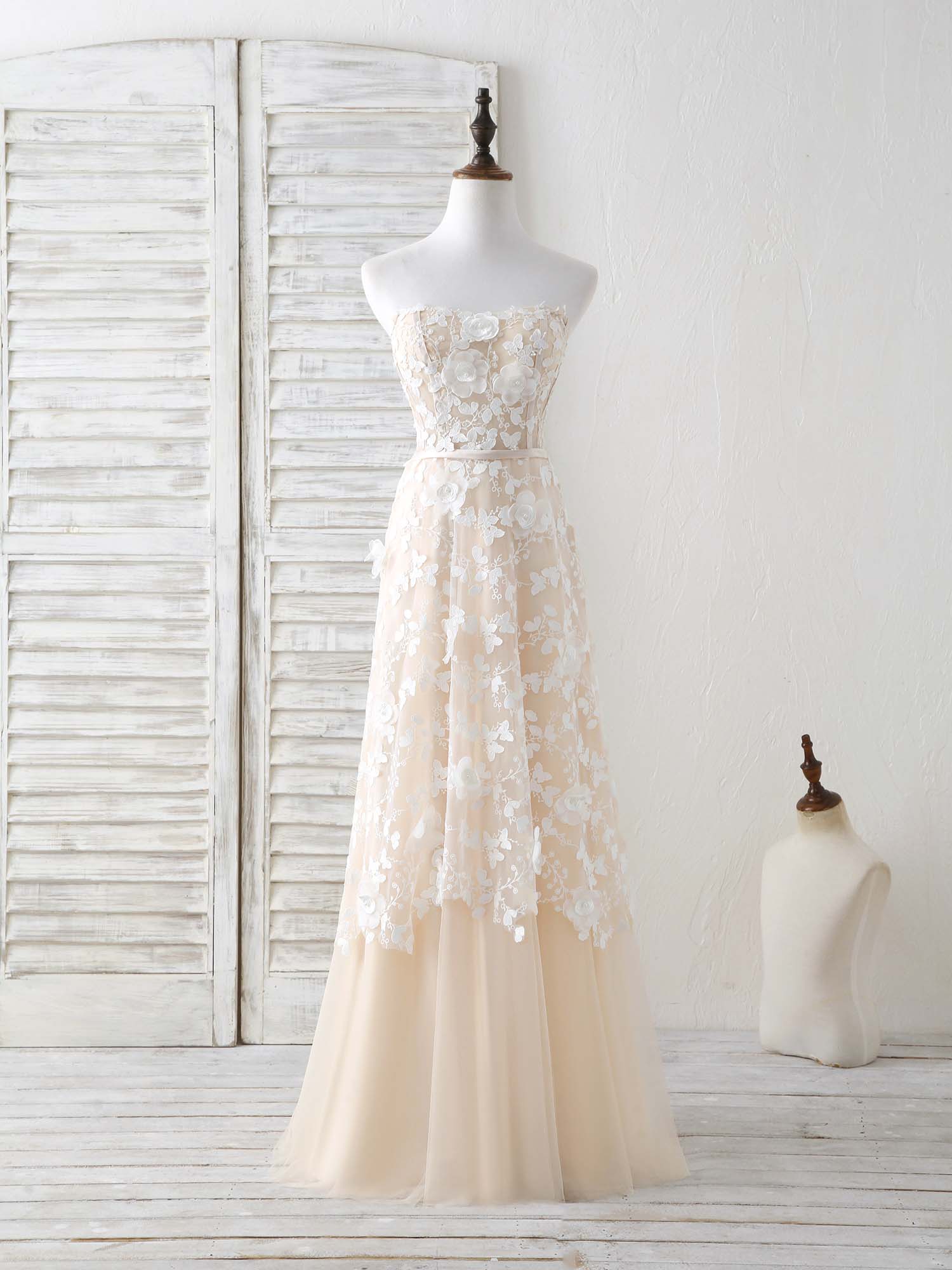 Champagne Tulle Lace Applique Long Prom Dress Champagne Evening Dress - Deanwangkt
