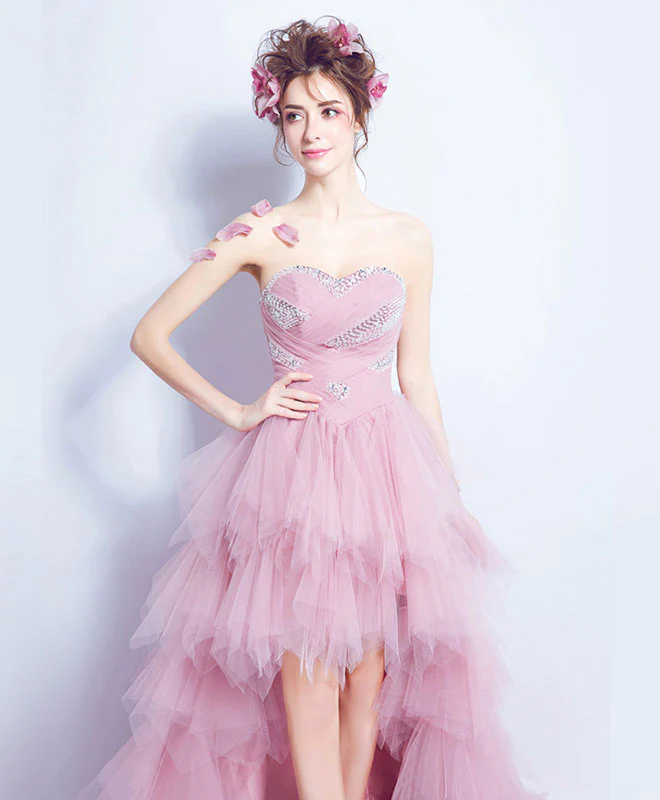 Pink Sweetheart Tulle High Low Prom Dress, Pink Evening Dress - Deanwangkt