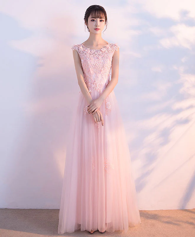 Pink Round Neck Tulle Lace Long Prom Dress, Pink Tulle Evening Dress - Deanwangkt
