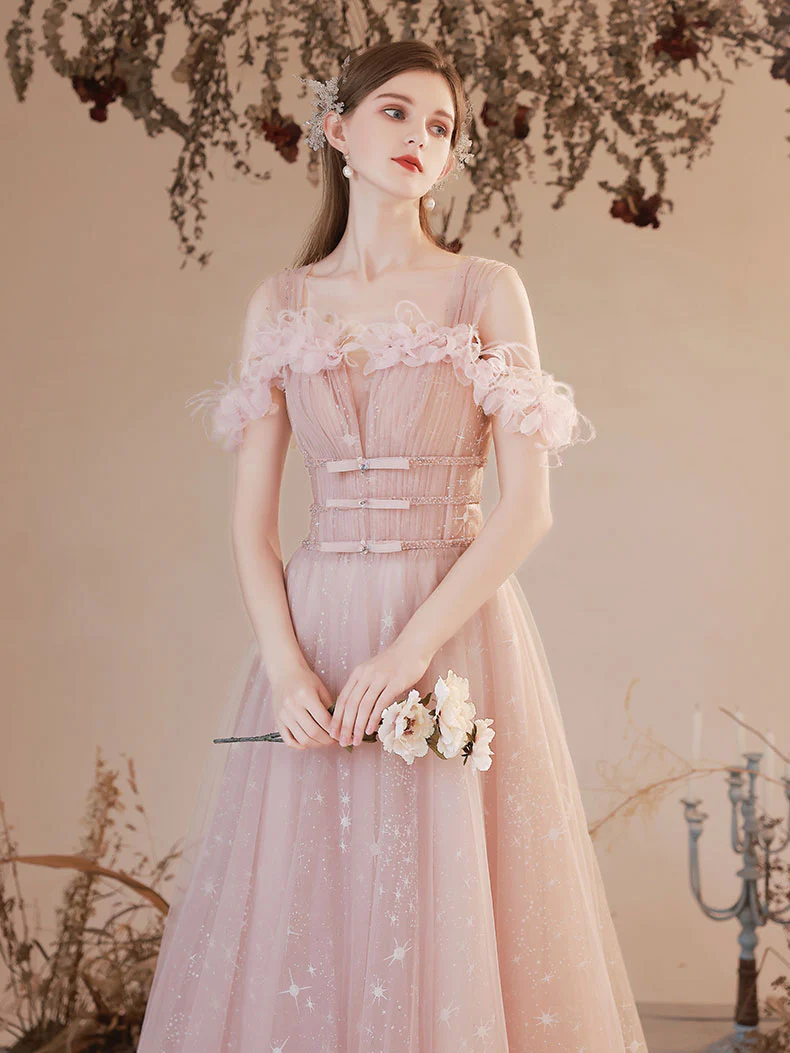 A Line Pink Long Prom Dresses, Off Shoulder Pink Formal Dress with Beading Flowers - Deanwangkt