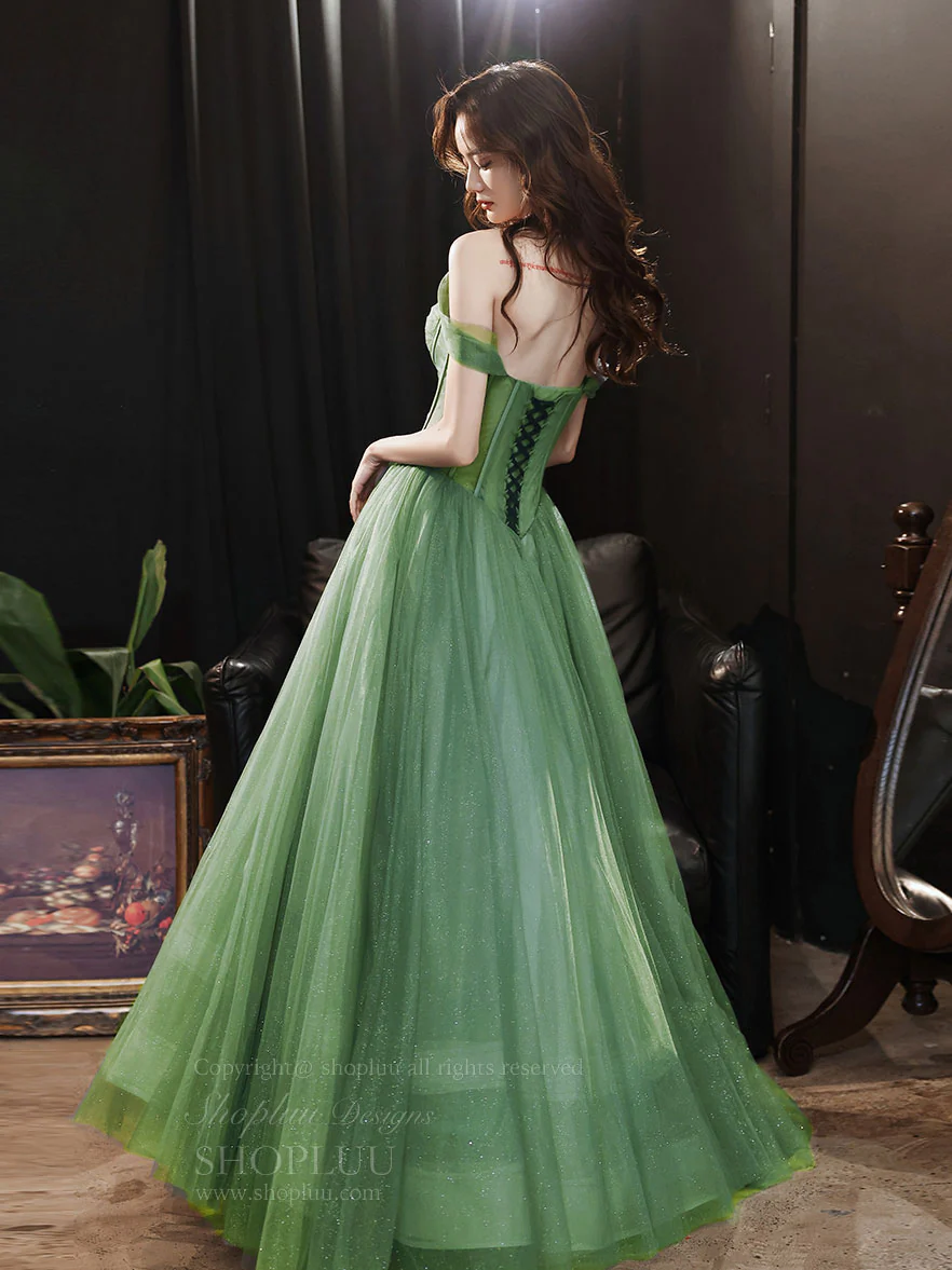Green Sweetheart Neck Tulle Long Prom Dress, Green A line Formal Dresses - Deanwangkt