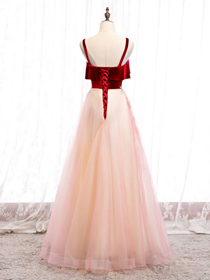 Burgundy A-line Tulle Lace Long Prom Dress Tulle Formal Dress - Deanwangkt