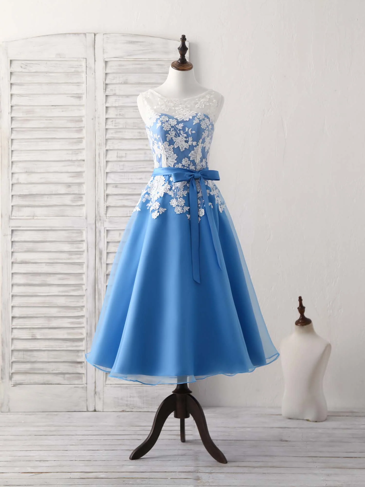 Blue Round Neck Tulle Lace Applique Tea Long Prom Dress, Bridesmaid Dress - Deanwangkt