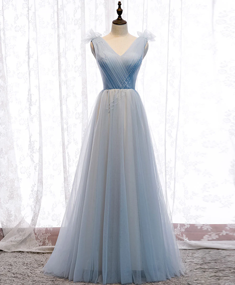 Simple Blue V Neck Tulle Long Prom Dress, Blue Formal Party Dresses - Deanwangkt