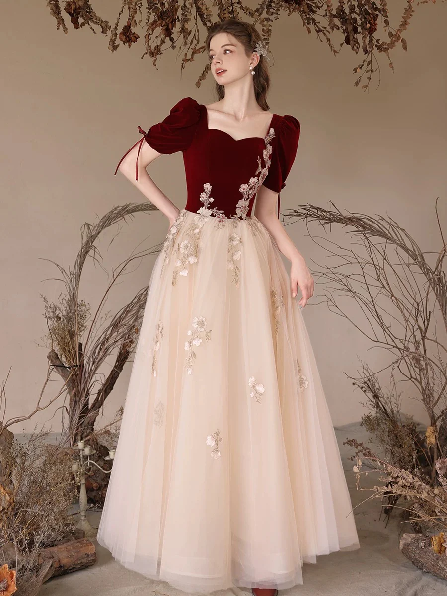 A-Line Velvet Tulle Lace Champagne Long Prom Dress, Champagne Long Formal Dress - Deanwangkt