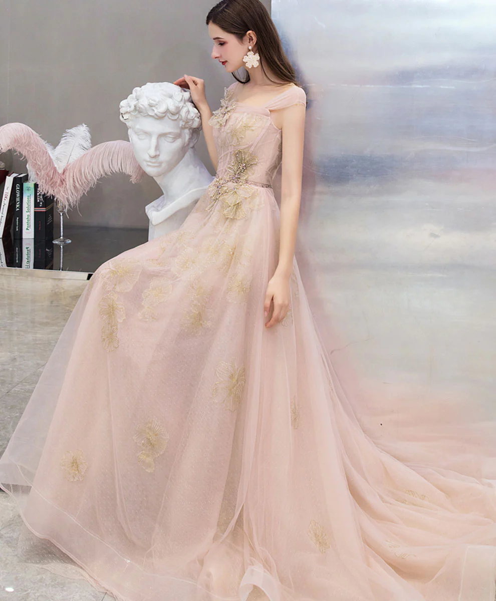 Pink Tulle Lace Long Prom Dress Pink Tulle Formal Dress - Deanwangkt