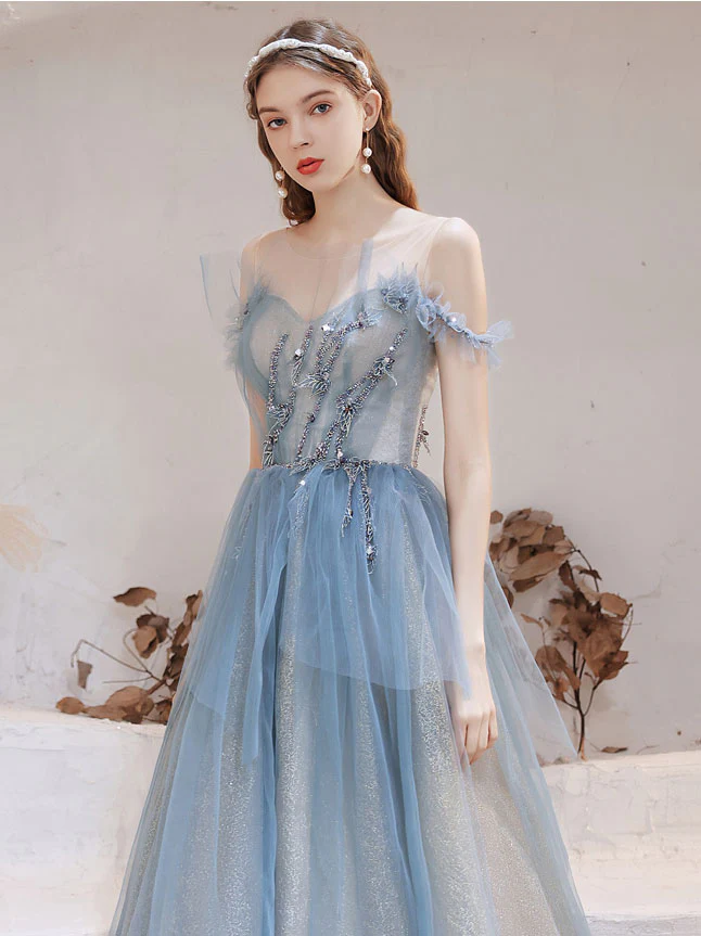 Blue Tulle Off Shoulder Beads Long Prom Dress, Blue Tulle Formal Dress - Deanwangkt