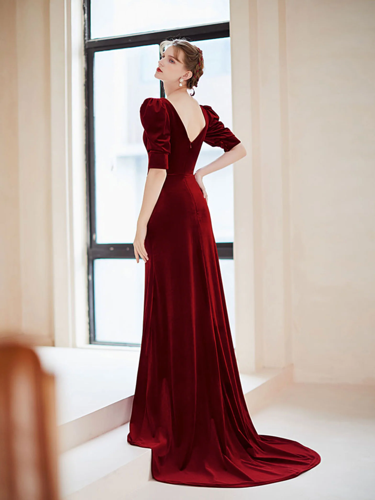 Burgundy velvet  mermaid long prom dress, burgundy evening dress - Deanwangkt
