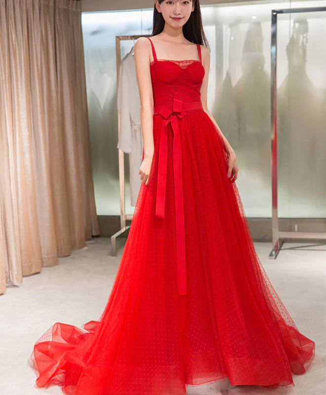 Red Tulle Long Prom Dress, Red Tulle Evening Dress - Deanwangkt