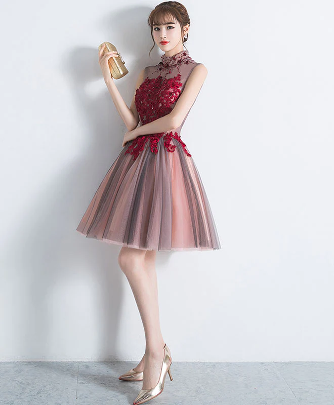 Unique Burgundy Tulle Lace Short Prom Dress, Tulle Homecoming Dress - Deanwangkt