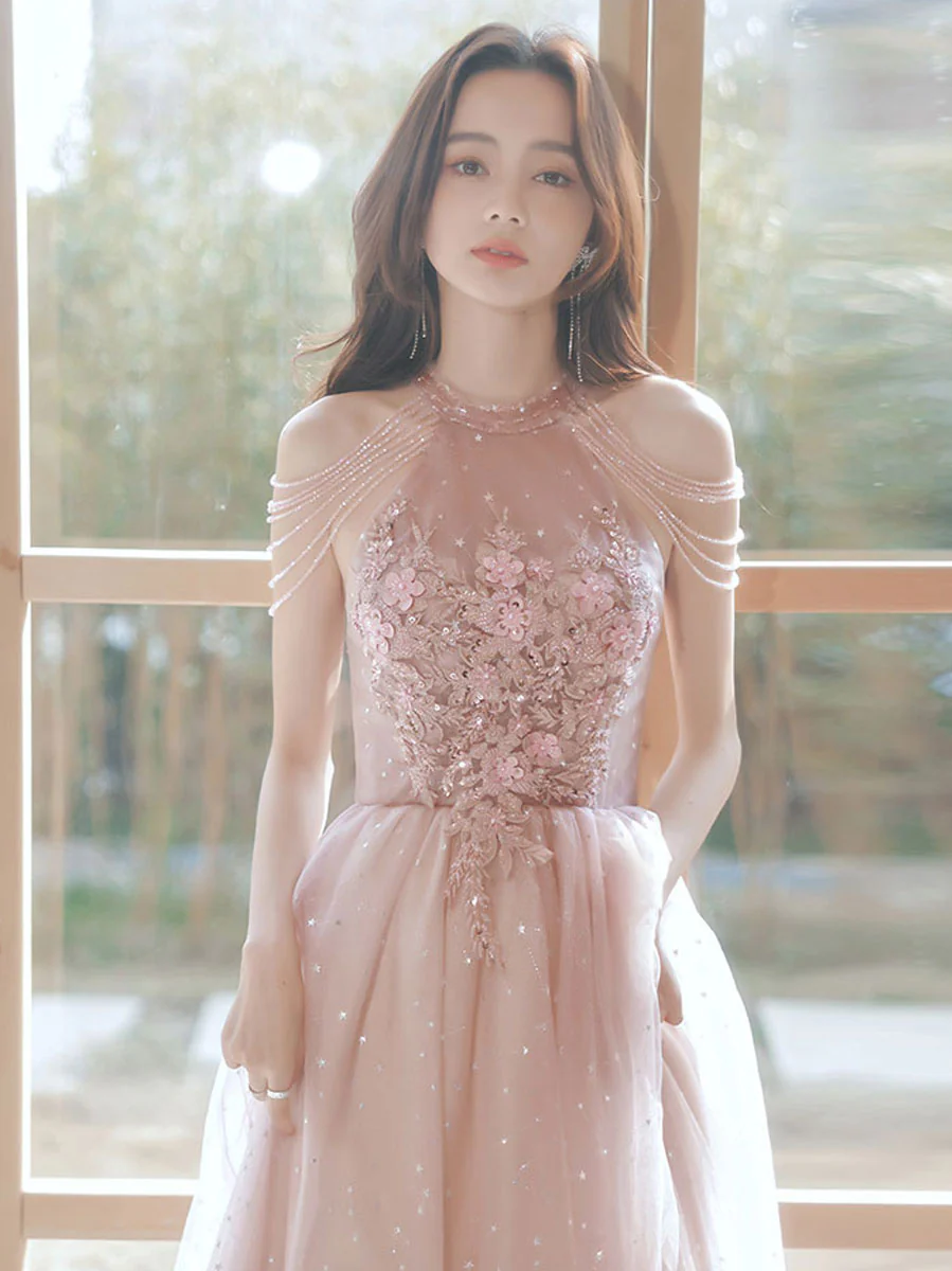 Unique Pink Tulle Lace Tea Length Prom Dress, Pink Tulle Formal Dresses - Deanwangkt