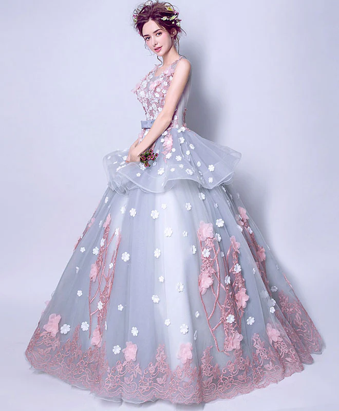 Unique Round Neck Tulle Lace Long Prom Dress, Gray Evening Dress - Deanwangkt