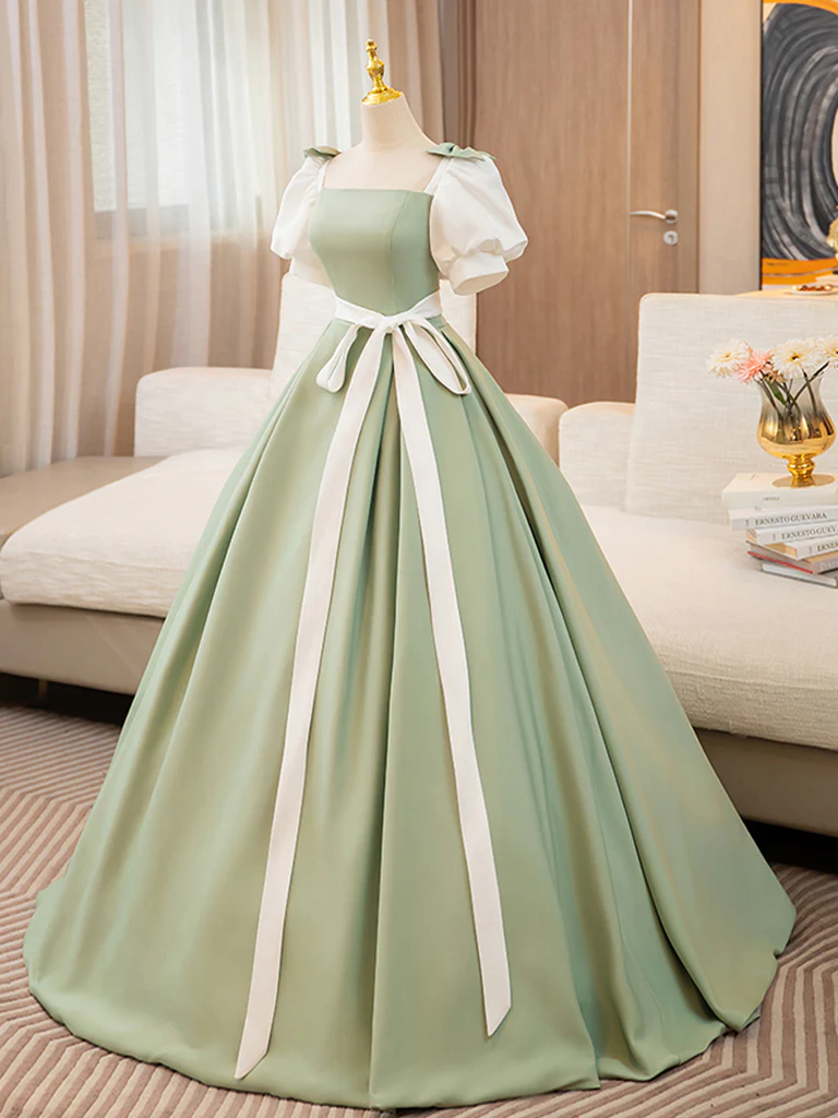 Puff  Sleeves A-line Satin Green/White Long Prom Dress, Green Long Formal Dress - Deanwangkt