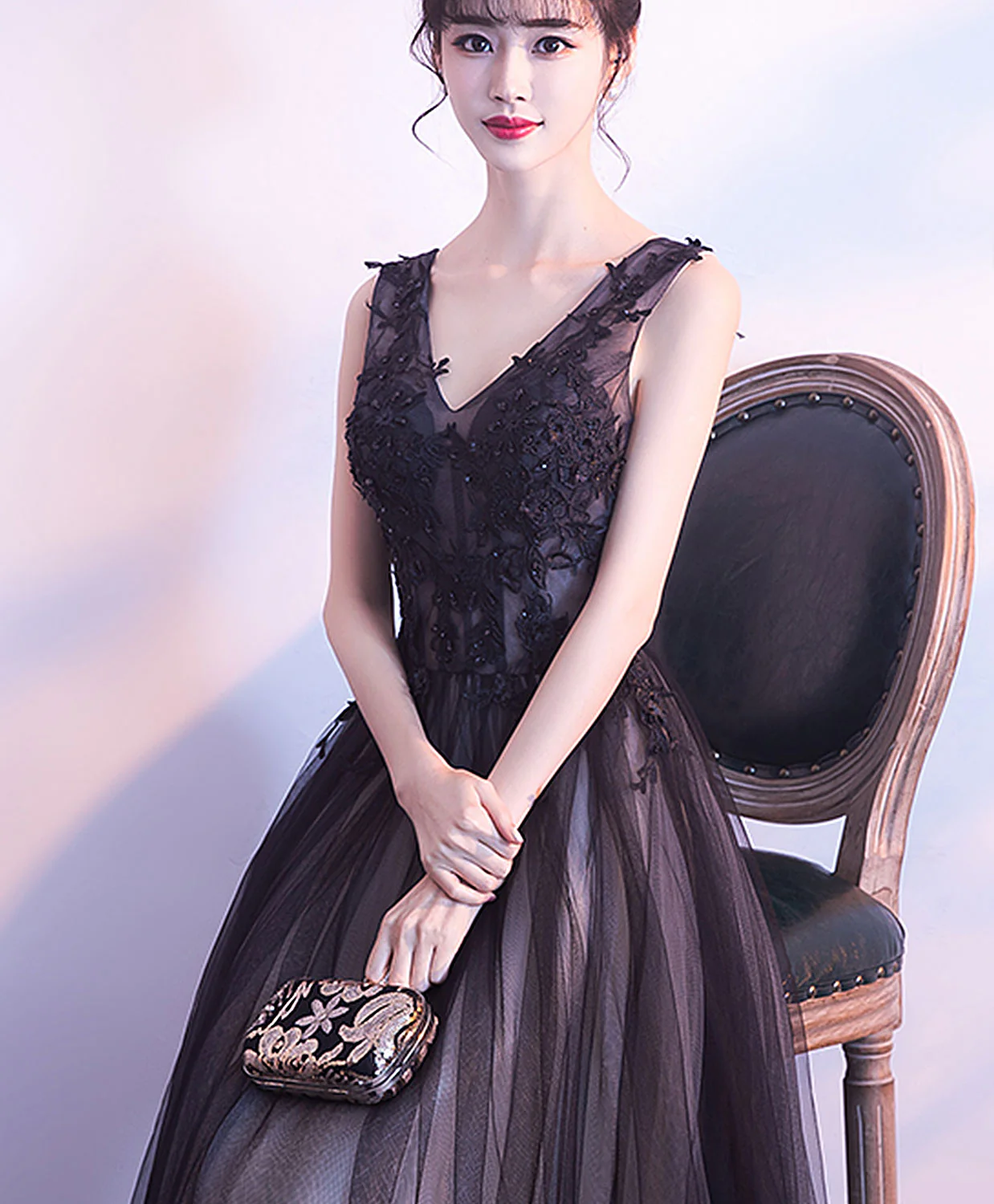 Black V Neck Tulle Lace Applique Long Prom Dress, Black Lace Bridesmaid Dress - Deanwangkt