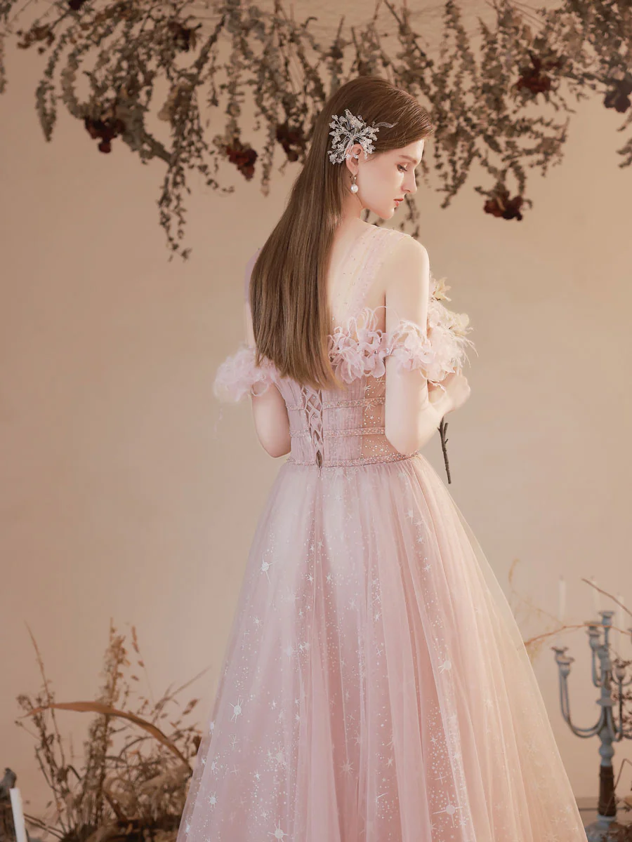A Line Pink Long Prom Dresses, Off Shoulder Pink Formal Dress with Beading Flowers - Deanwangkt