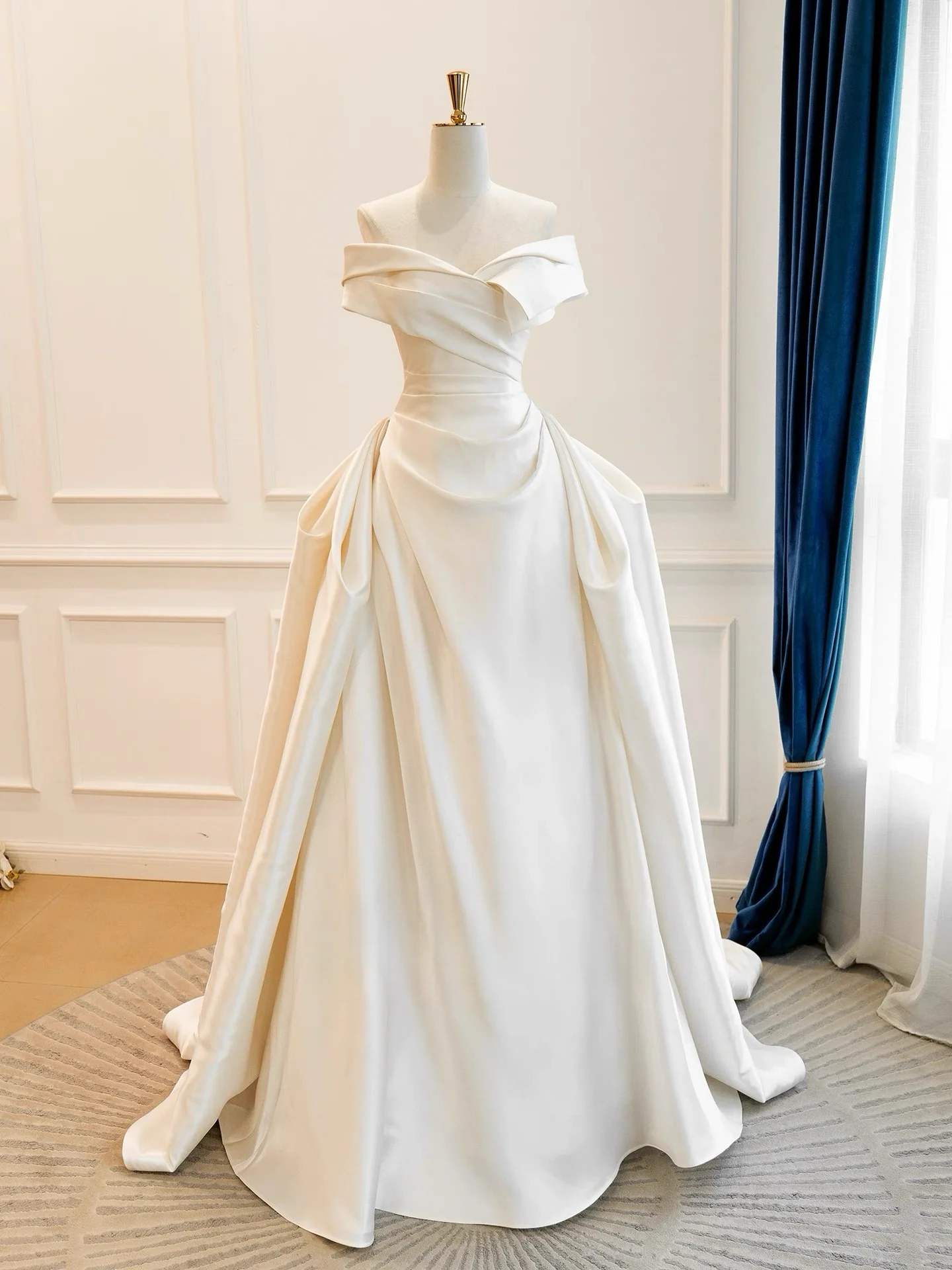 A-Line Off Shoulder Satin Light Champagne Long Prom Dress, Light Champagne Formal Dress - Deanwangkt