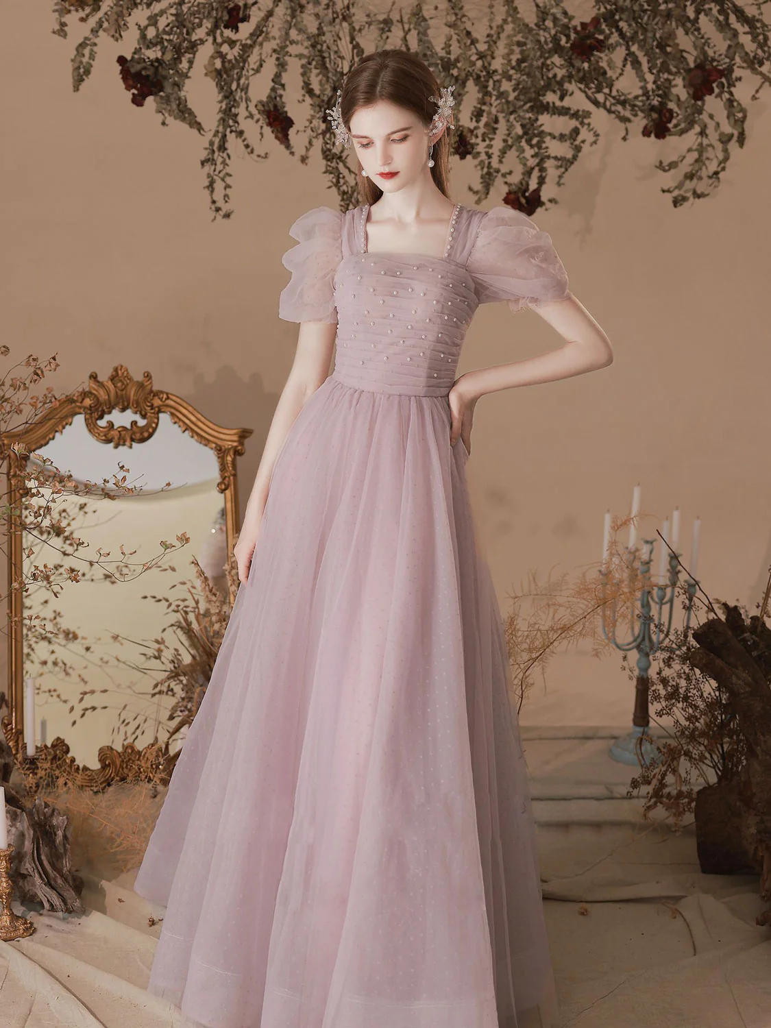 A-Line Pink Tulle Beading Long Prom Dress, Pink Formal Evening Dresses - Deanwangkt