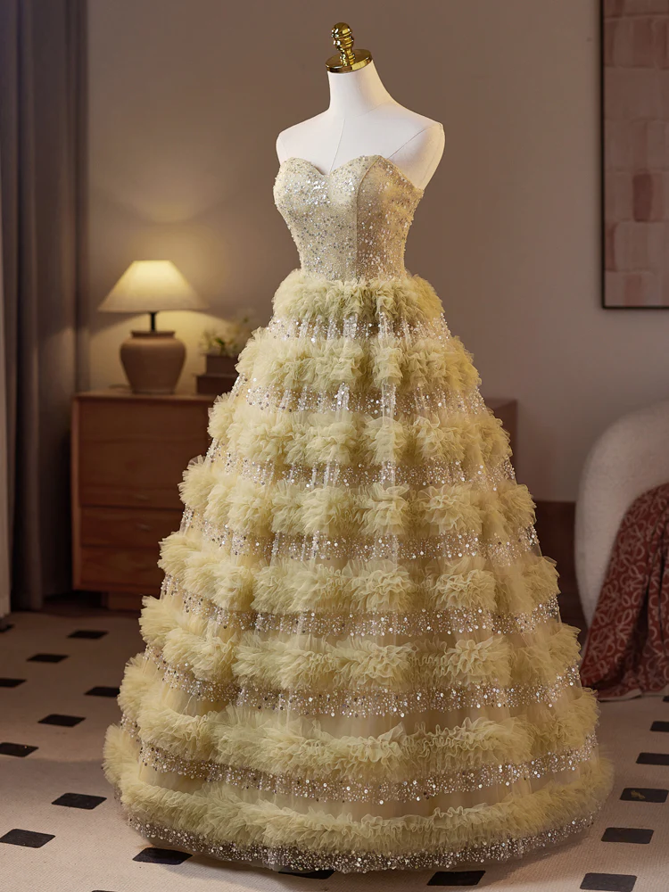 Beautiful Sweetheart Neck Tulle Sequin Green Prom Dress, Puffy Green Long Sweet 16 Dress - Deanwangkt