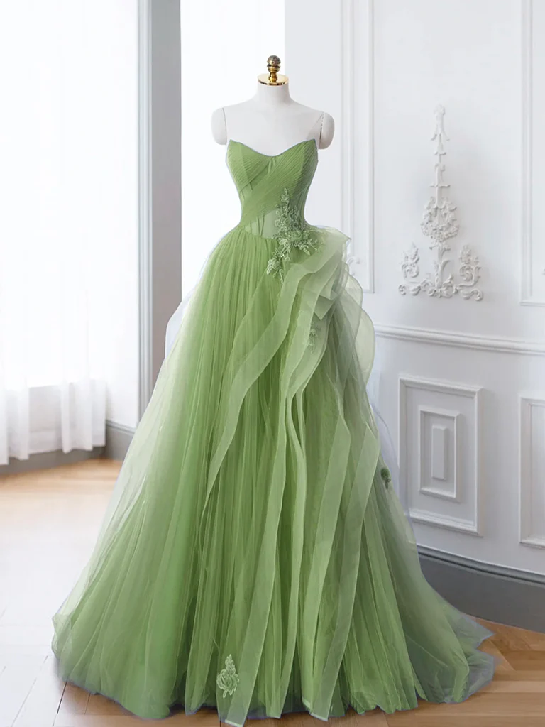 Green A-Line Off Shoulder Long Prom Dress, Green Lace Long Evening Dress - Deanwangkt