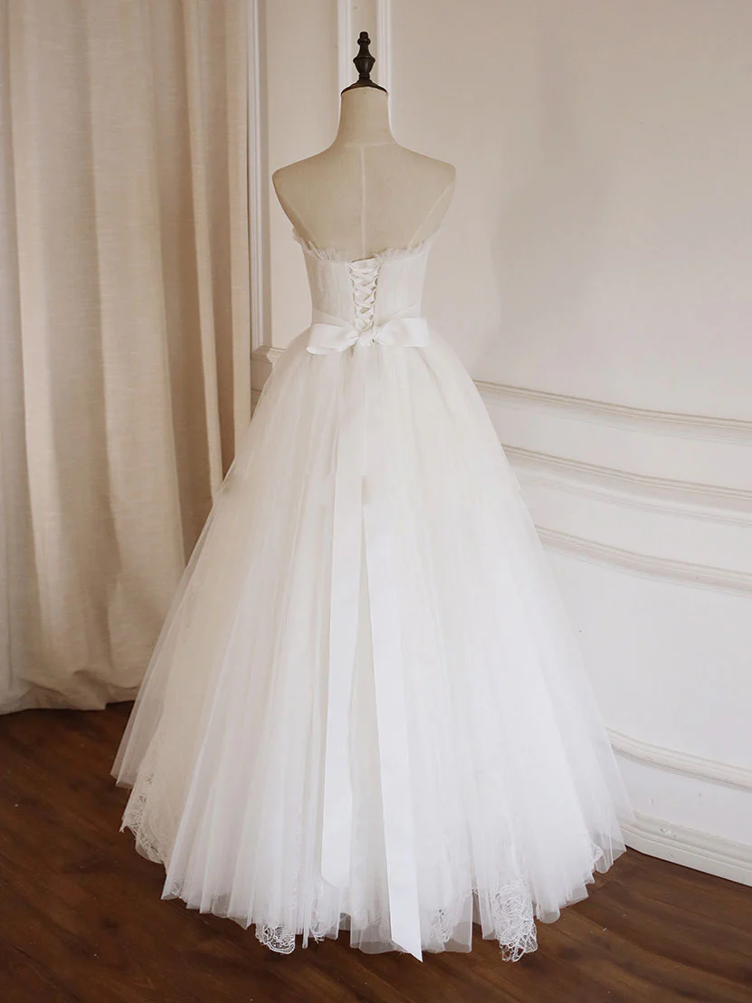 Simple  Lace Tea Length White Prom Dress, Tulle Lace Bridesmaid Dress - Deanwangkt