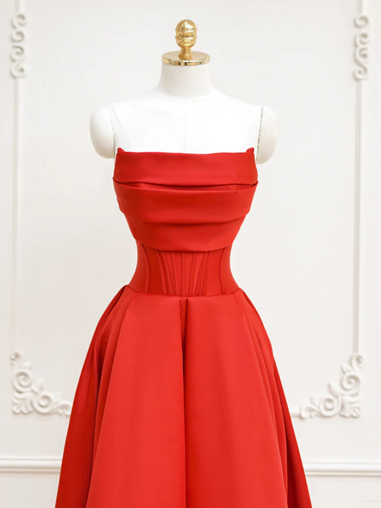 Red A-Line Satin Long Prom Dress, Red Long Formal Dress - Deanwangkt