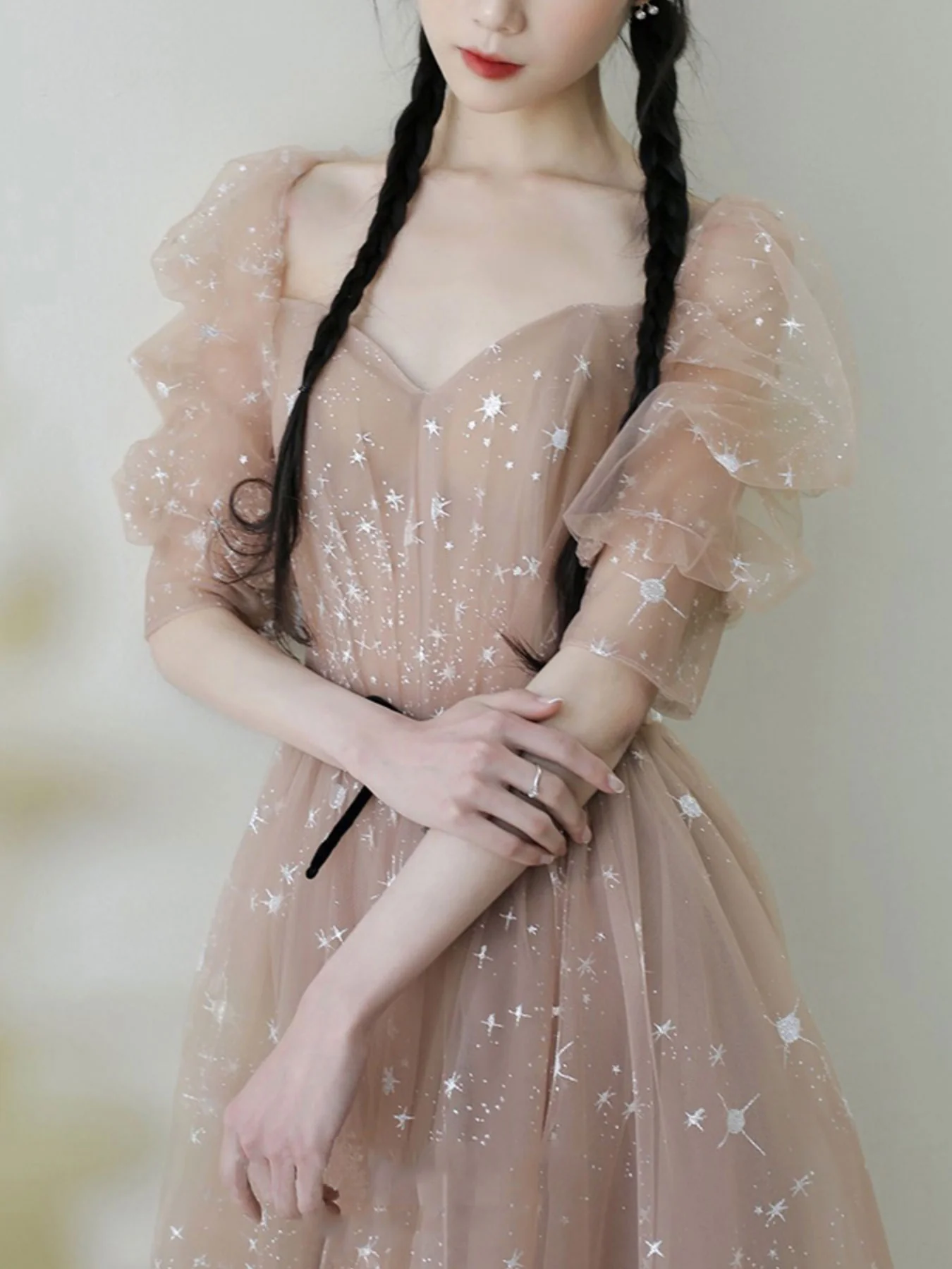 Champagne A line Tulle Long Prom Dress, Champagne Formal Evening Graduation Dresses - Deanwangkt