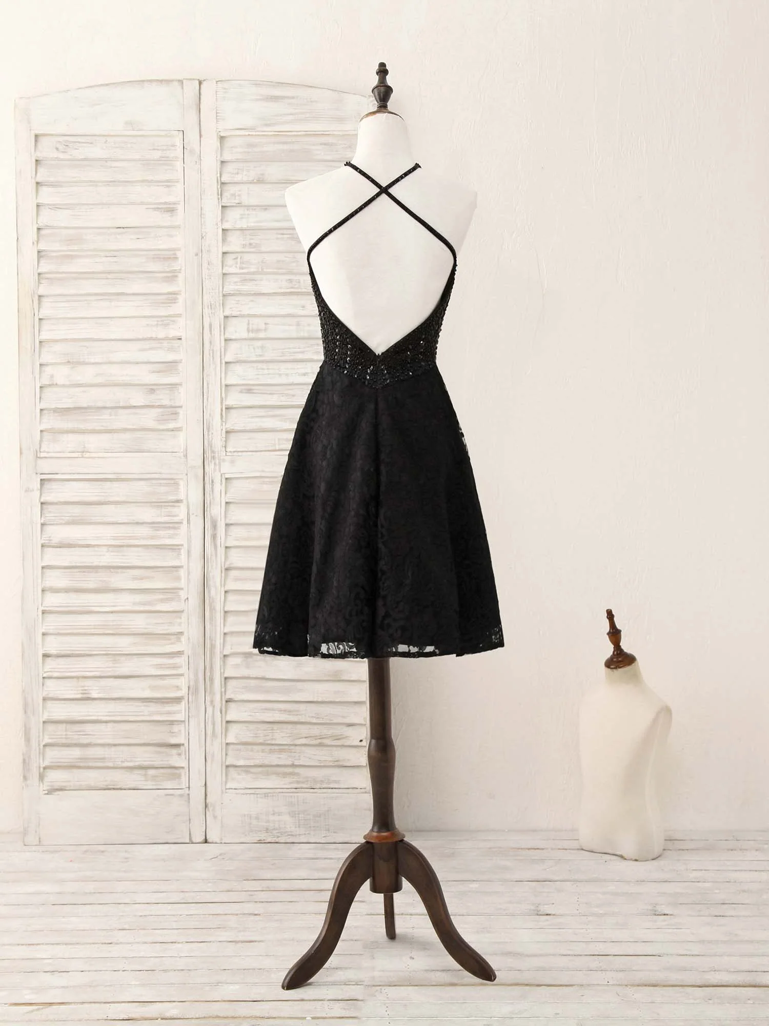 Black Round Neck Lace Beads Short Prom Dress, Black Homecoming Dress - Deanwangkt