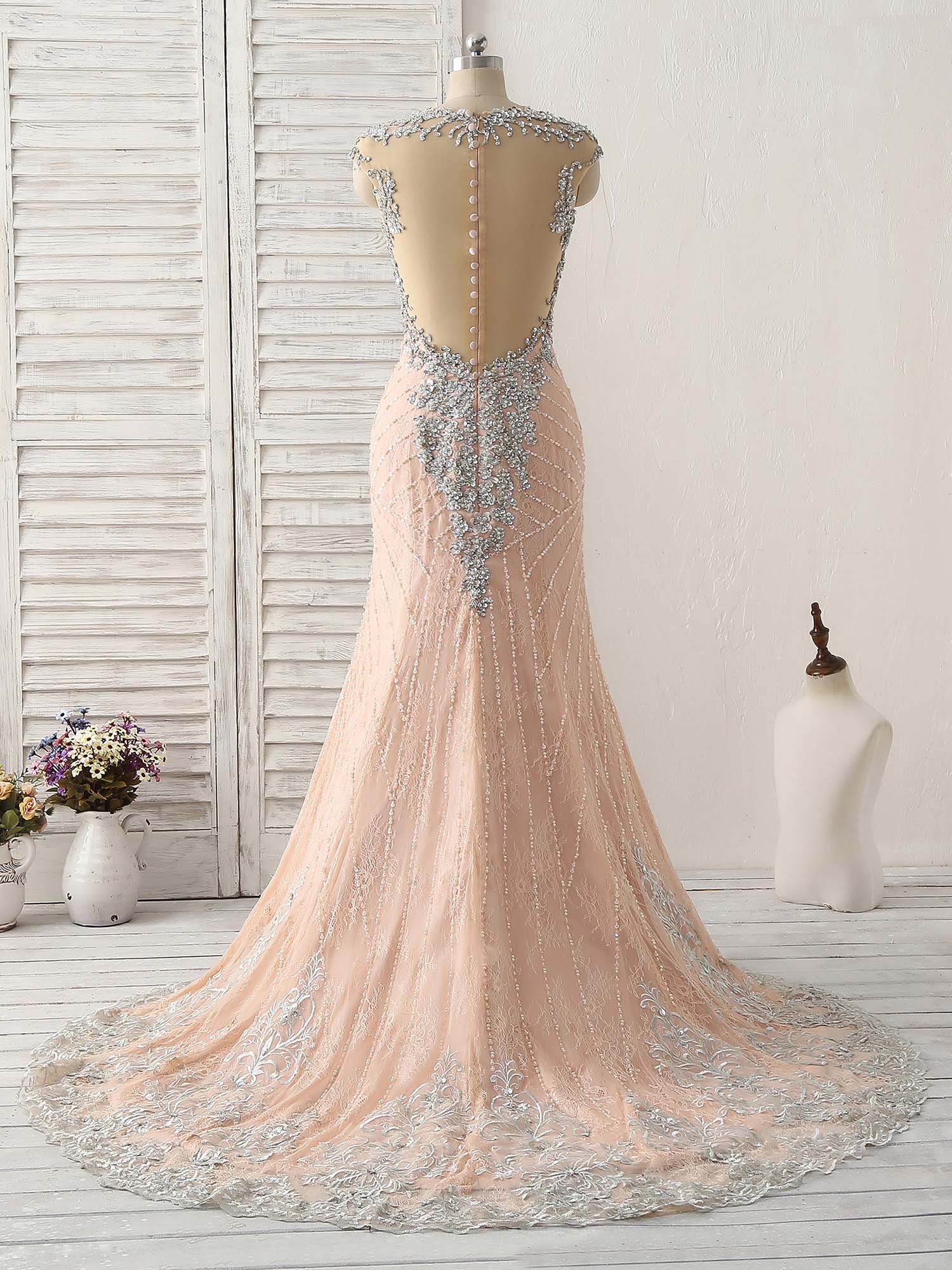 Pink Mermaid Sequin Beads Long Lace Prom Dresses, Pink Evening Dresses - Deanwangkt