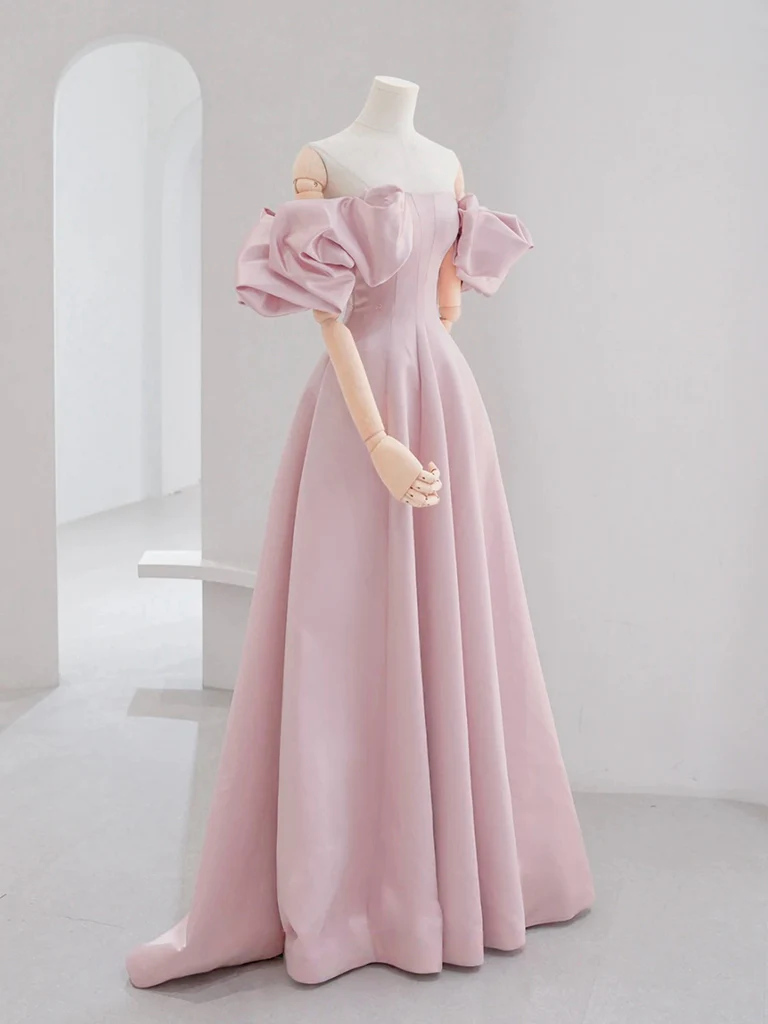A-line Puff Sleeves Satin Pink Long Prom Dress, Pink Long Formal Dress - Deanwangkt