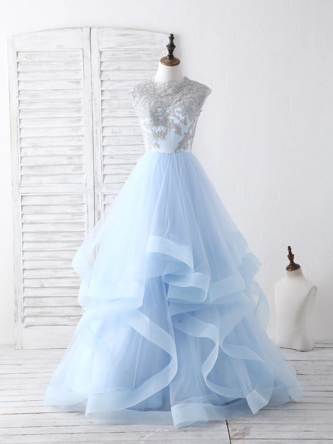 Blue Tulle Lace Applique Long Prom Dress Blue Tulle Sweet 16 Dress - Deanwangkt