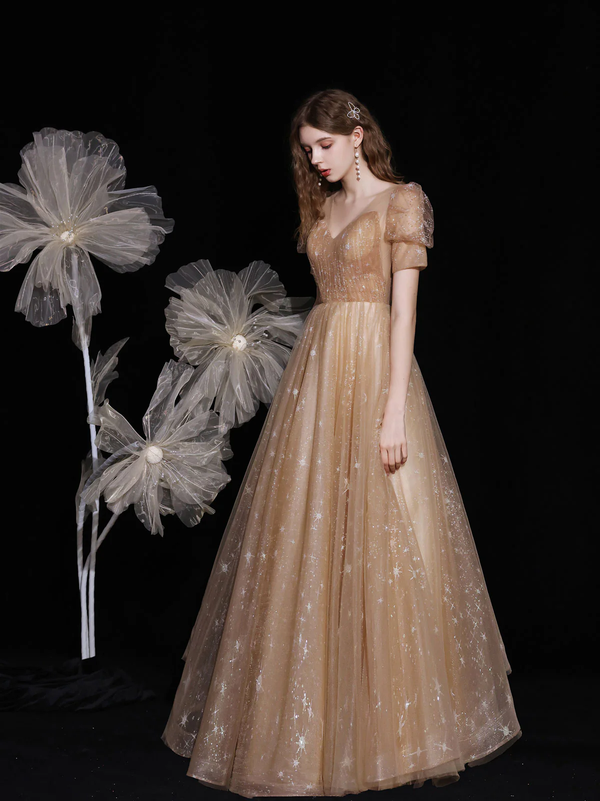 Champagne V Neck Tulle Long Prom Dress, Champagne Evening Dress - Deanwangkt