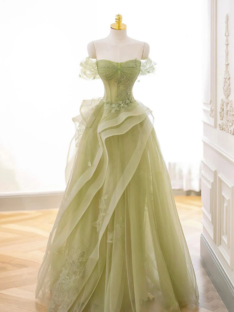 A-Line Off Shoulder Tulle Lace Green Long Prom Dress, Green Lace Long Formal Dress - Deanwangkt