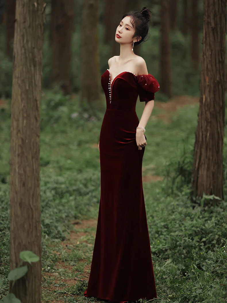 Burgundy Sweetheart Neck Mermaid Long Prom Dress, Velvet Bridesmaid Dress - Deanwangkt