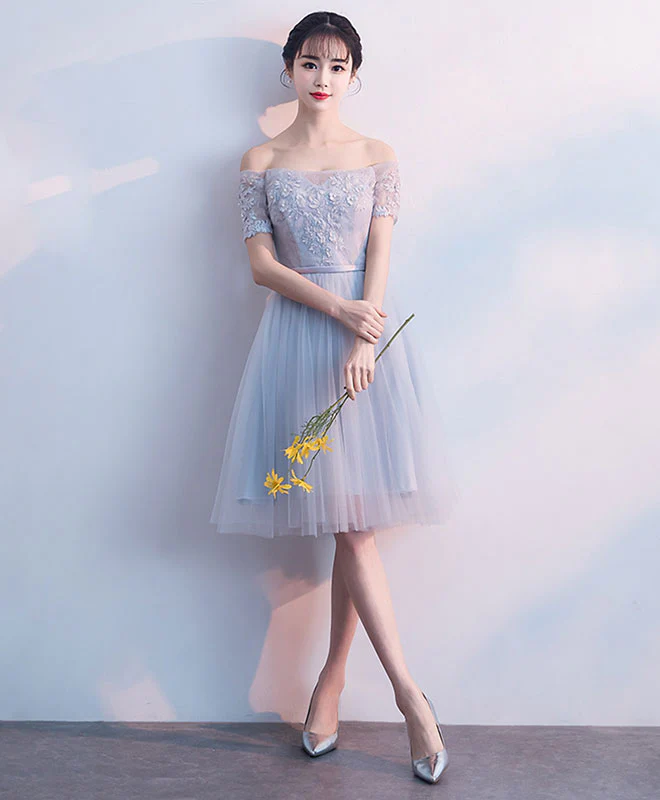 Cute Gray Tulle Lace Short Prom Dress Gray Tulle Homecoming Dress - Deanwangkt