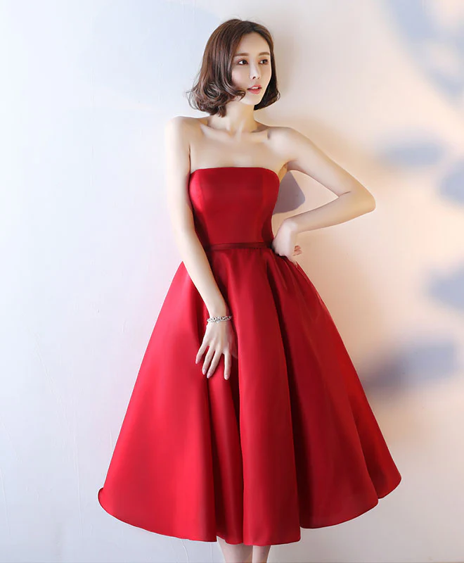 Simple Red Strapless Tea Length Prom Dress, Red Evening Dress - Deanwangkt