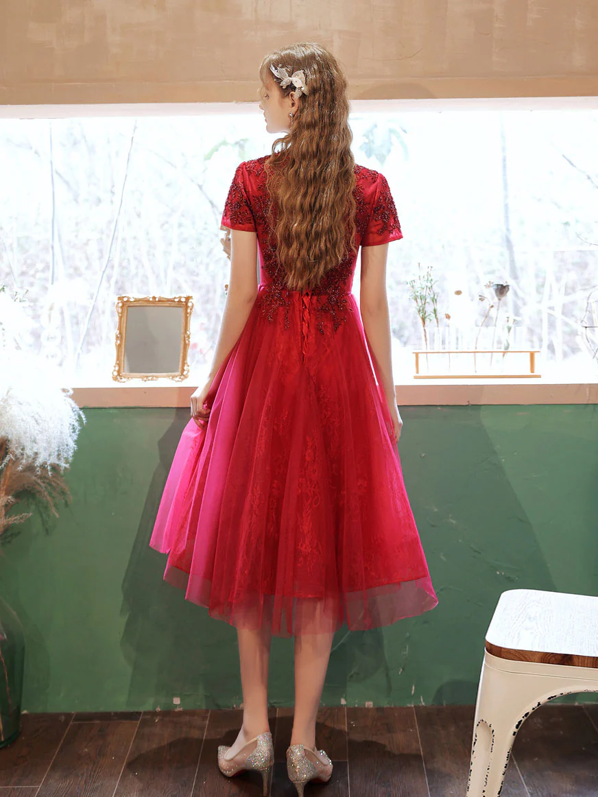 Burgundy V Neck Tulle Lace Beads Short Prom Dress, Burgundy Homecoming Dress - Deanwangkt