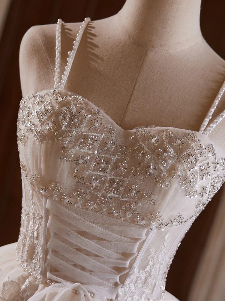 A-Line Sweetheart Neck Tulle Lace Light Champagne Short Prom Dress With Beads - Deanwangkt