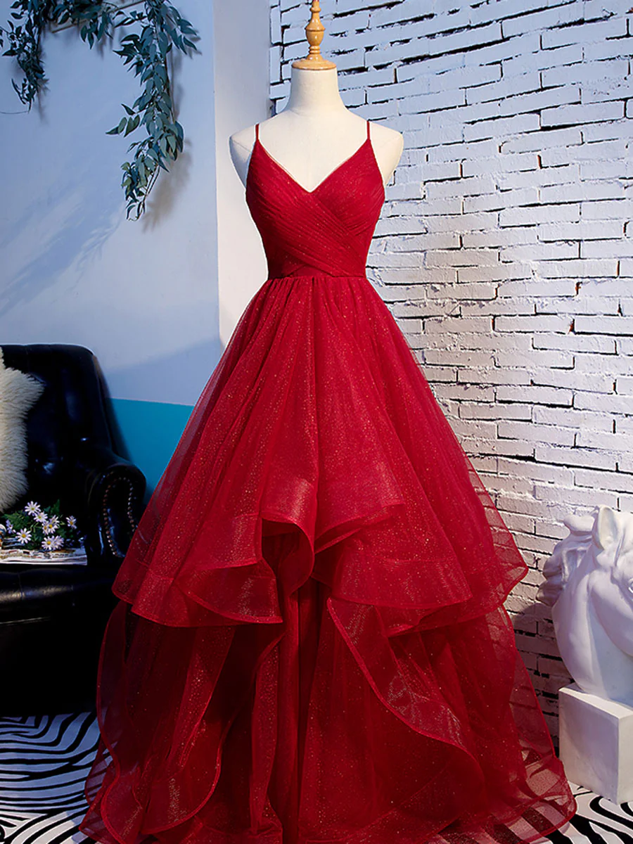 Simple V Neck Tulle Burgundy Long Prom Dress, Burgundy Formal Graduation Dresses - Deanwangkt