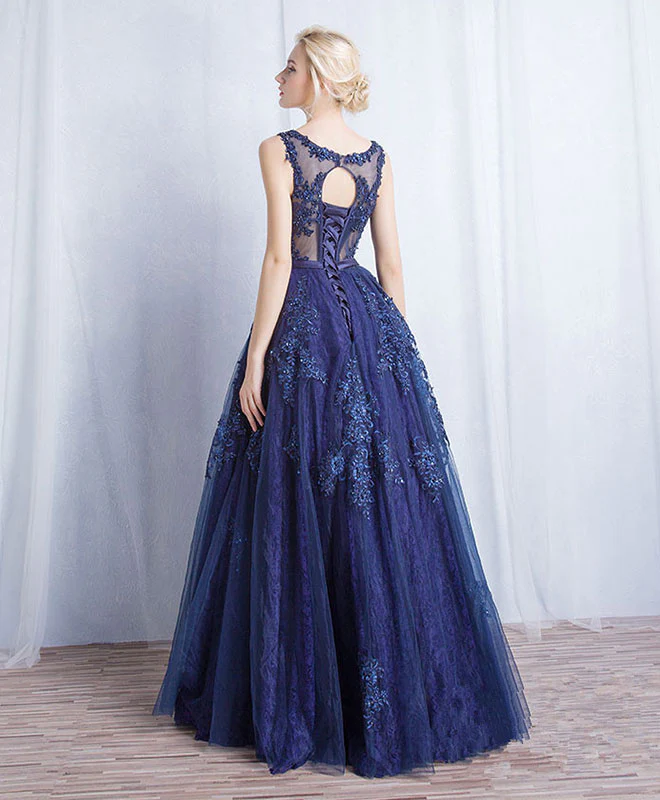 Dark Blue Round Neck Tulle Lace Applique Long Prom Dress - Deanwangkt