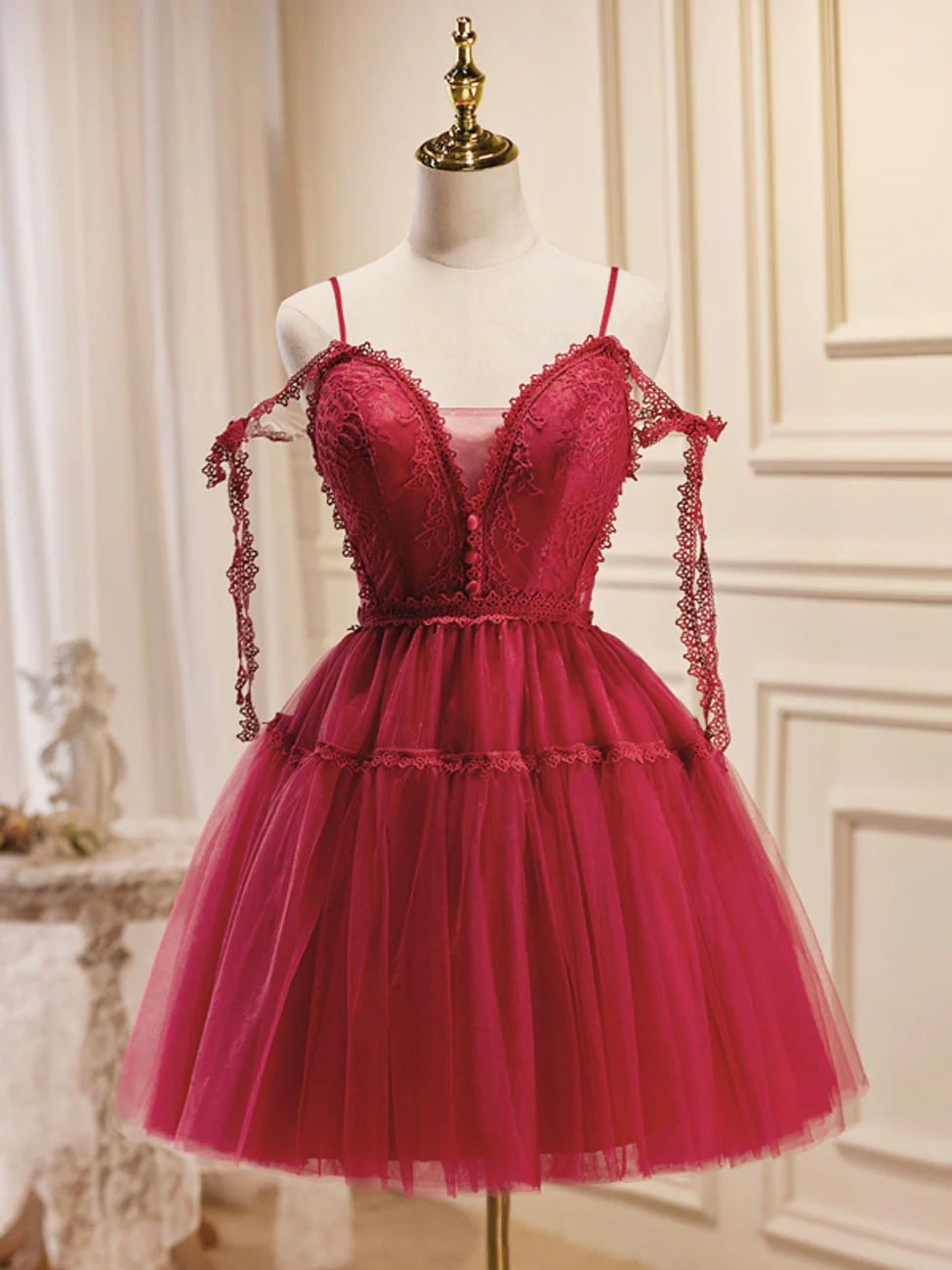 A-Line Burgundy Lace Short Prom Dress, Burgundy Puffy Homecoming Dresses - Deanwangkt