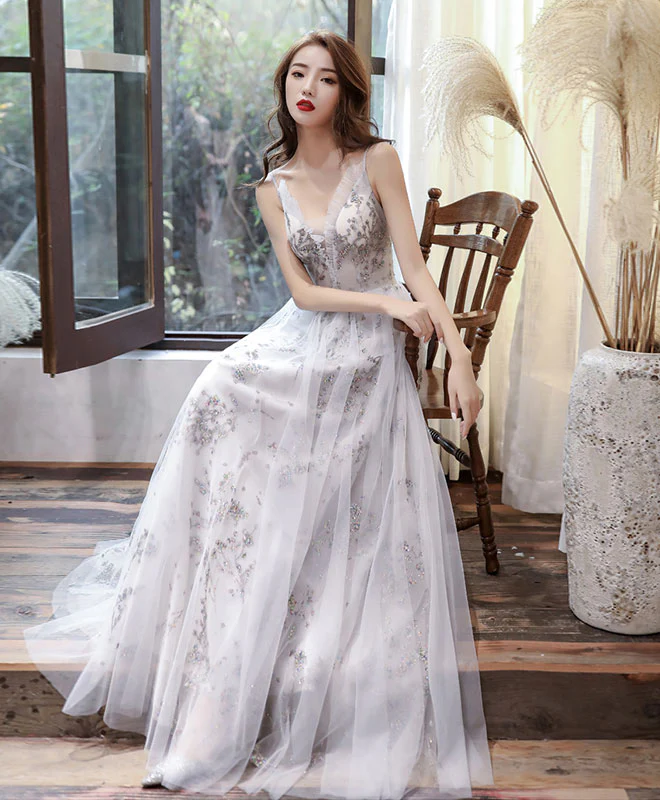 Gray Tulle Lace Long Prom Dress Gray Tulle Lace Formal Dress - Deanwangkt