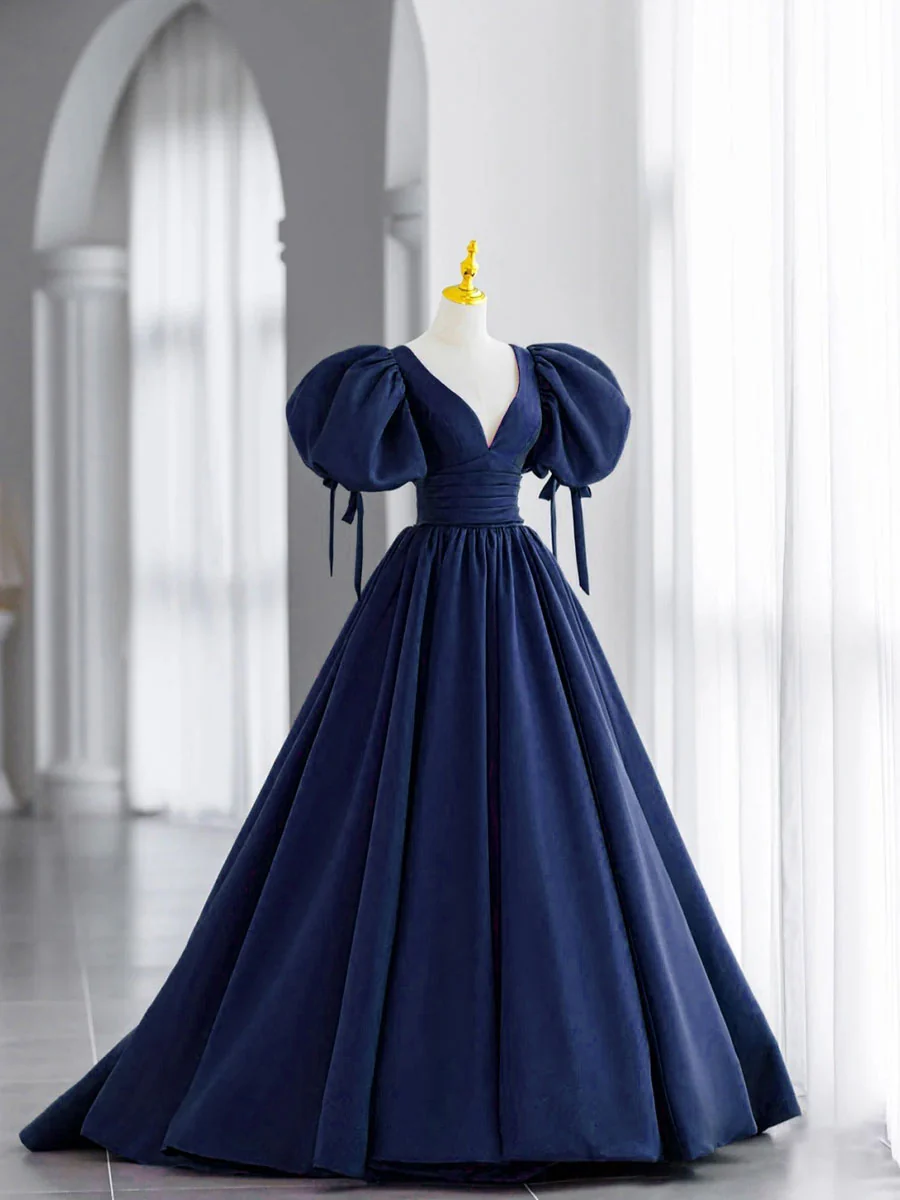 Simple V Neck Puffy Sleeves Satin Long Prom Dress, Satin Evening Dress - Deanwangkt
