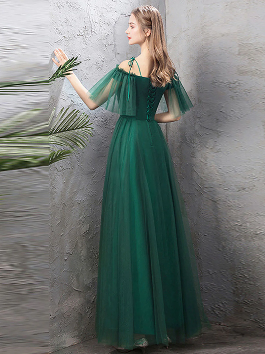 A-Line Off Shoulder Green Tulle Long Prom Dress, Green Formal Dresses - Deanwangkt
