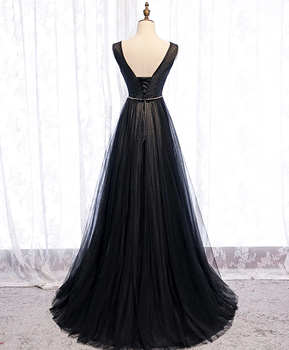 Black V Neck Tulle Lace Long Prom Dress Black Evening Dress - Deanwangkt