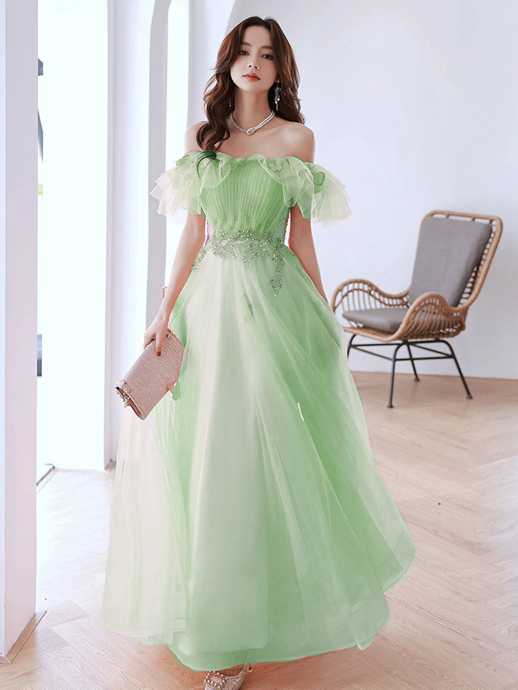 Pink Off Shoulder Tulle Long Prom Dress, Pink Tulle Formal Dress - Deanwangkt