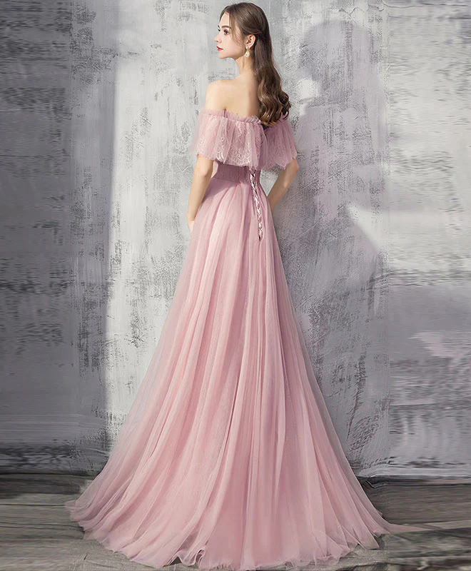 Pink Tulle Lace Long Prom Dress Pink Tulle Formal Dress - Deanwangkt